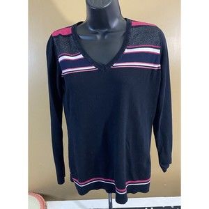 Liz Claiborne Women’s V Neck Pullover Sweater Black/pink Striped Size Small